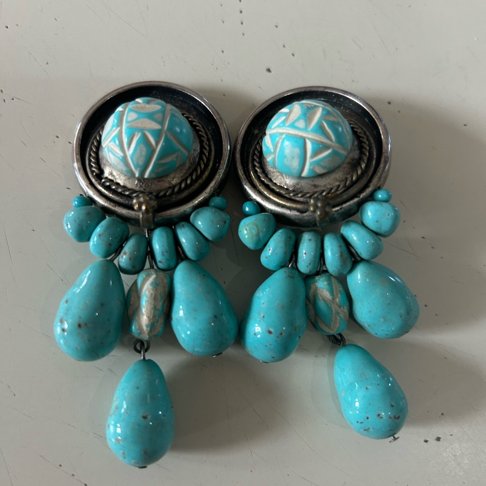 Vintage Turquoise and Silver Western-Style Clip-on Drop Earrings